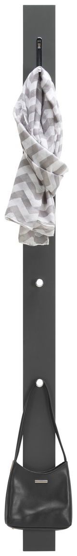 Garderobenpaneel in vertikaler Ansicht mit einem Haken oben, an dem ein gestreifter Schal hängt, und einem Haken unten, an dem eine schwarze Tasche hängt.