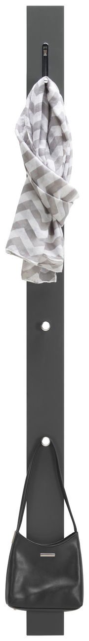 Garderobenpaneel in vertikaler Ansicht mit einem Haken oben, an dem ein gestreifter Schal hängt, und einem Haken unten, an dem eine schwarze Tasche hängt.