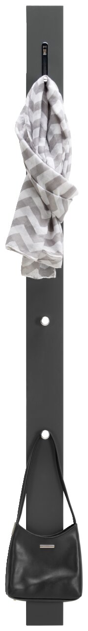 Garderobenpaneel in vertikaler Ansicht mit einem Haken oben, an dem ein gestreifter Schal hängt, und einem Haken unten, an dem eine schwarze Tasche hängt.