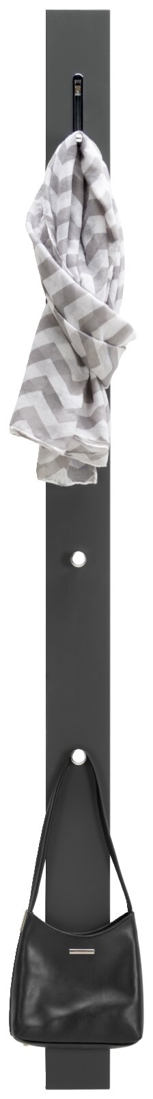 Garderobenpaneel in vertikaler Ansicht mit einem Haken oben, an dem ein gestreifter Schal hängt, und einem Haken unten, an dem eine schwarze Tasche hängt.