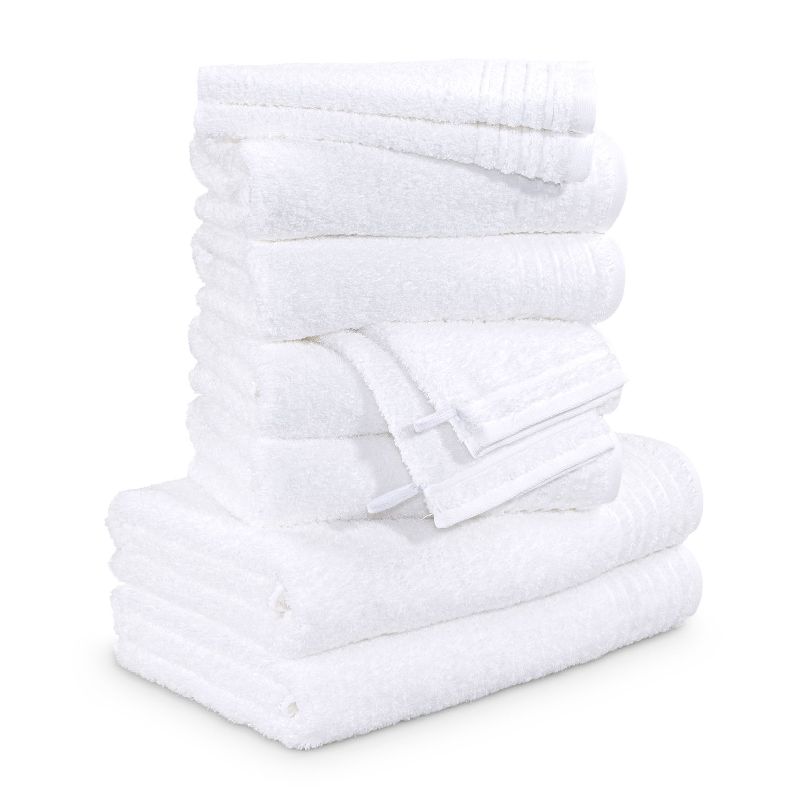 Stapel von weißen Handtüchern, seitliche Perspektive