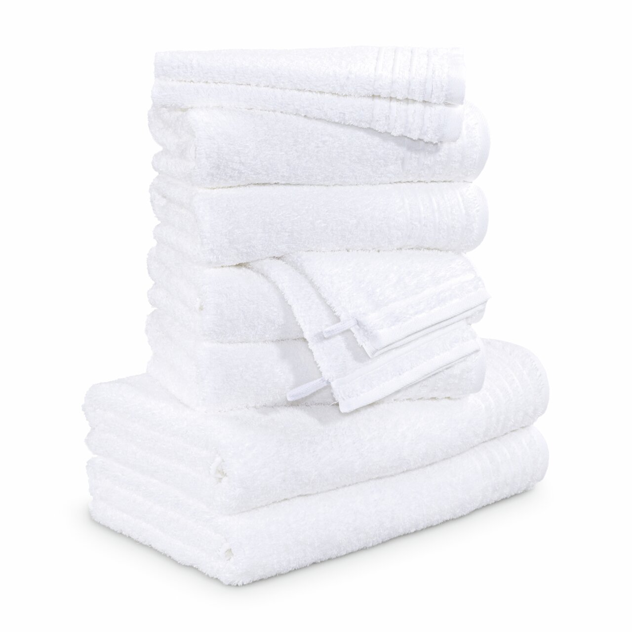 MÖVE Handtuchset 10-tlg. NEW CLASSIC Stapel von weißen Handtüchern, seitliche Perspektive