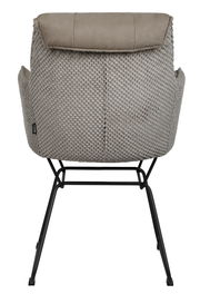 Rückansicht eines Armlehnstuhls mit grauem, strukturiertem Stoffbezug und schwarzem Metallgestell.