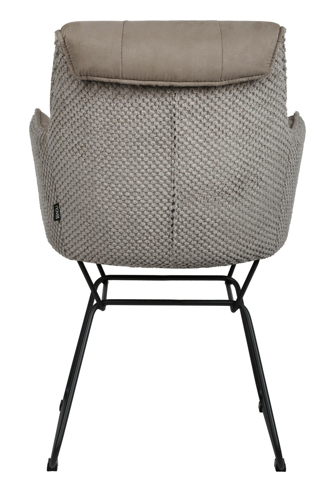 Rückansicht eines Armlehnstuhls mit grauem, strukturiertem Stoffbezug und schwarzem Metallgestell.