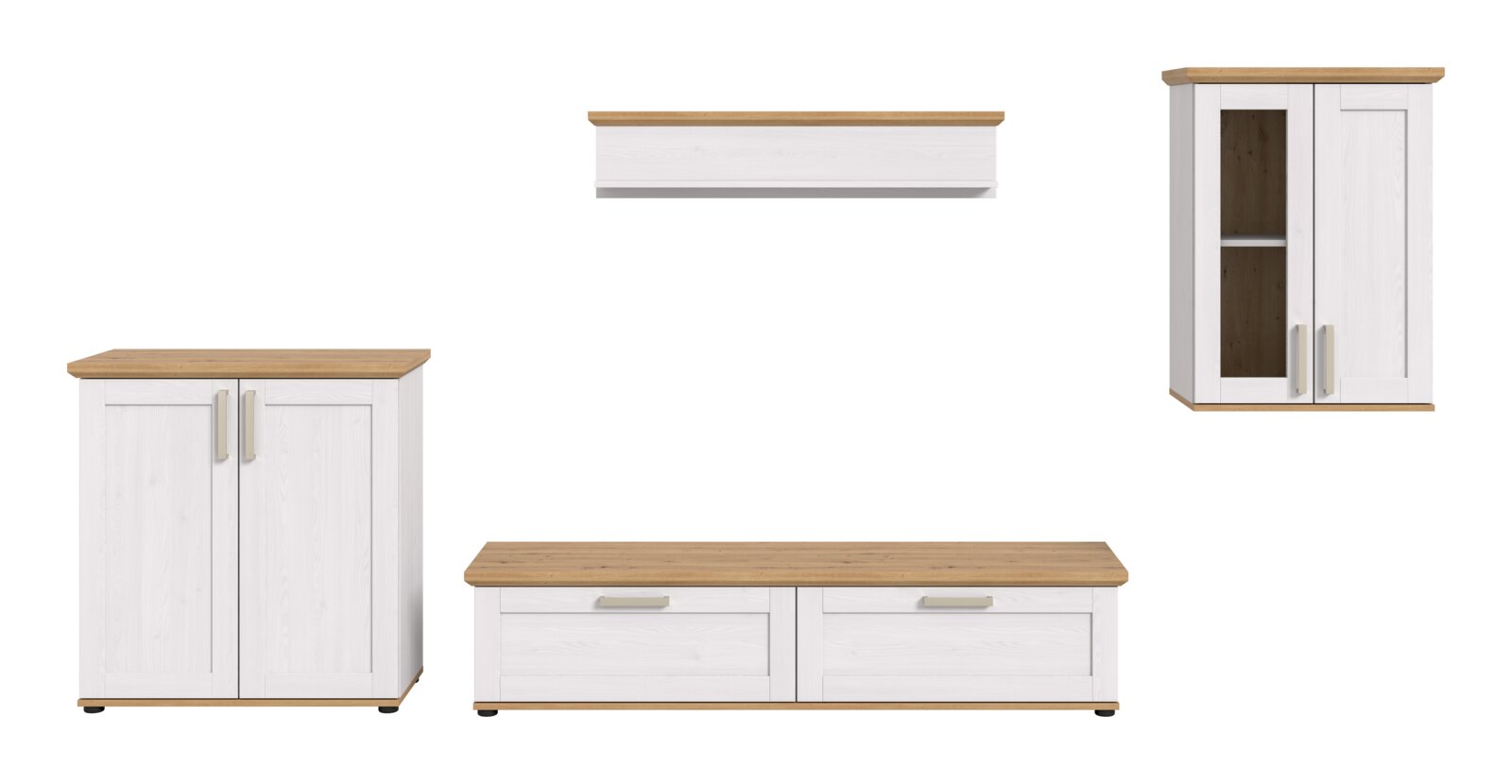 Wohnkombination in Weiß und Holzoptik, bestehend aus einem niedrigen TV-Schrank, einem hohen Schrank mit Glastür und einem Wandregal, frontal betrachtet.