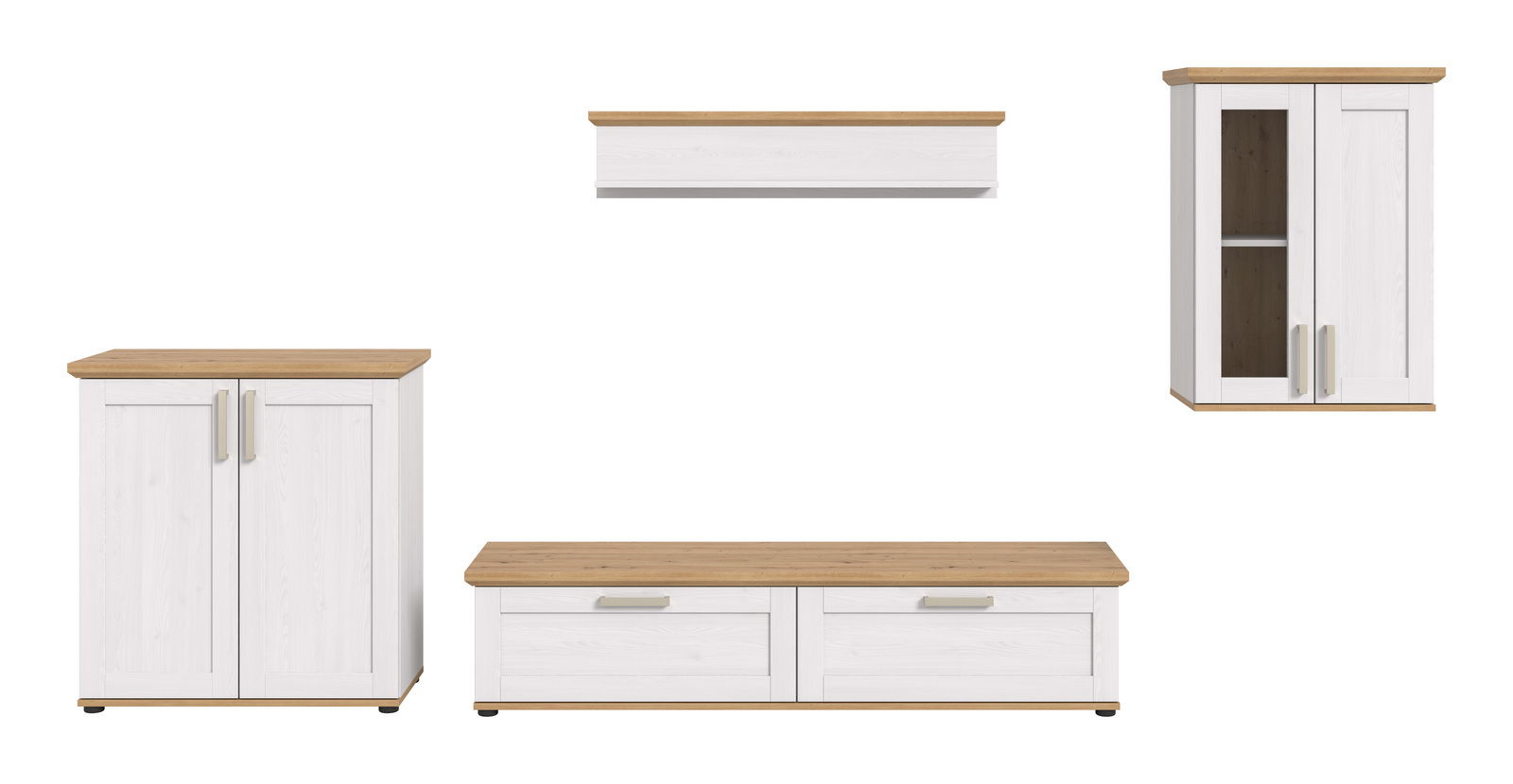 Wohnkombination in Weiß und Holzoptik, bestehend aus einem niedrigen TV-Schrank, einem hohen Schrank mit Glastür und einem Wandregal, frontal betrachtet.