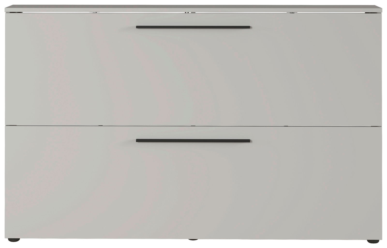 Moderner Schuhschrank in Grau mit zwei Klappen und schwarzen Griffen, frontale Ansicht.