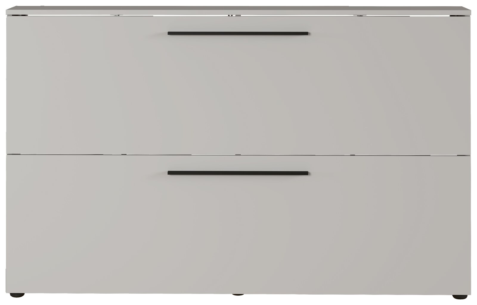 Moderner Schuhschrank in Grau mit zwei Klappen und schwarzen Griffen, frontale Ansicht.