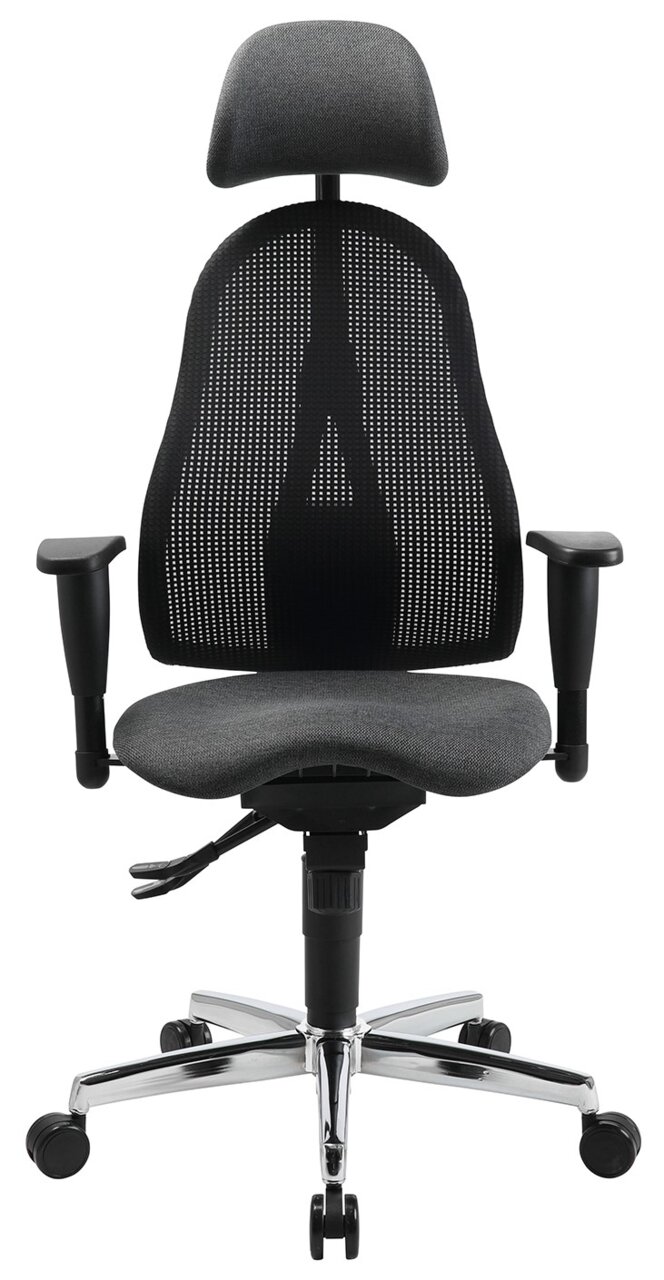 Ergonomischer Drehstuhl mit Netzrückenlehne und Kopfstütze, Vorderansicht