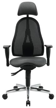 Ergonomischer Drehstuhl mit Netzrückenlehne und Kopfstütze, Vorderansicht