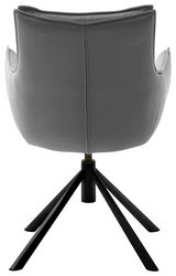 Rückansicht eines grauen Sessels mit schwarzem Metallgestell und vier Beinen.