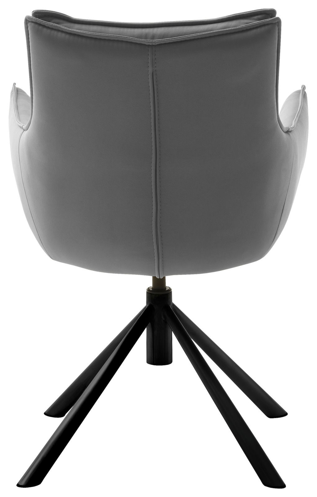 Rückansicht eines grauen Sessels mit schwarzem Metallgestell und vier Beinen.