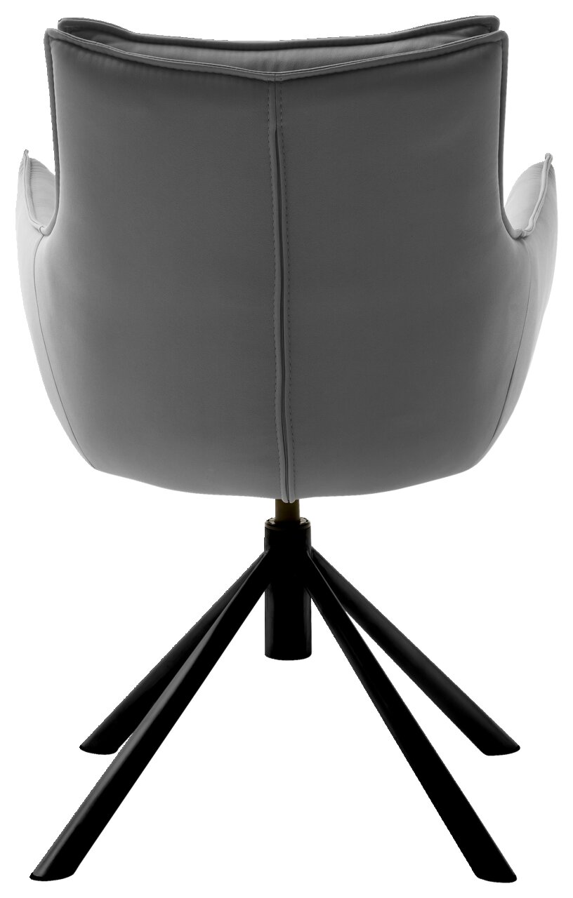 Rückansicht eines grauen Sessels mit schwarzem Metallgestell und vier Beinen.