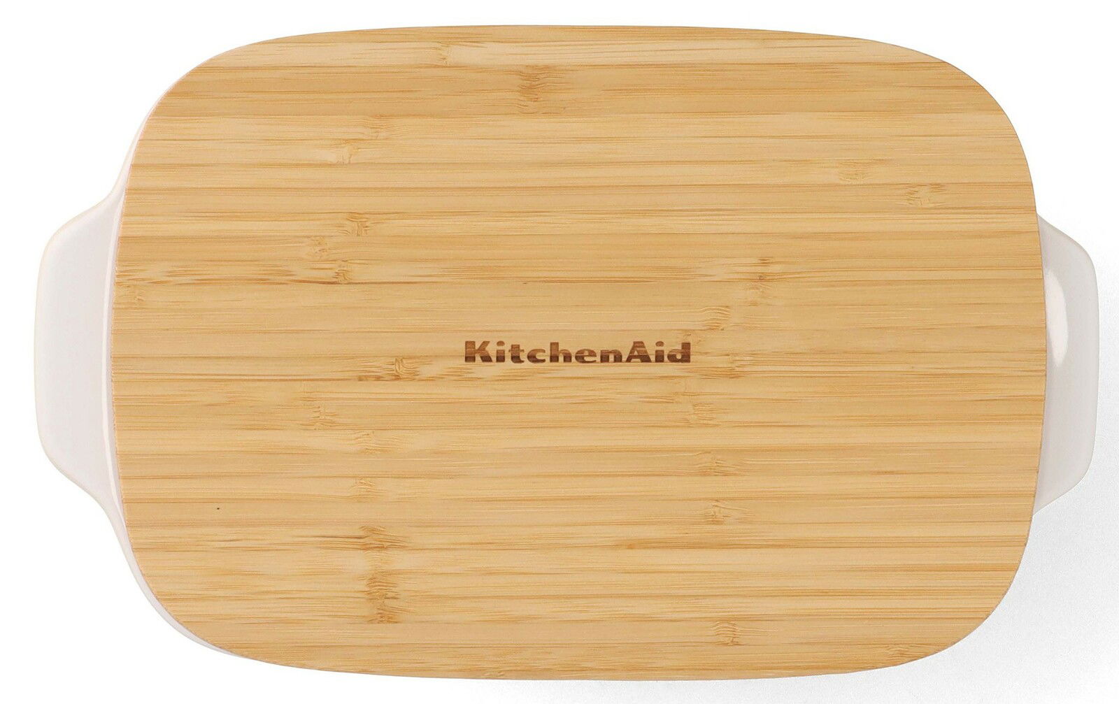 Aufsicht auf eine Auflaufform mit Deckel aus Holz, Marke KitchenAid, 26 cm