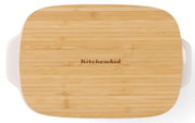 Aufsicht auf eine Auflaufform mit Deckel aus Holz, Marke KitchenAid, 26 cm