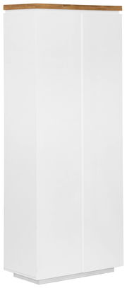 Weißer Garderobenschrank mit Holzoberfläche, seitliche Perspektive