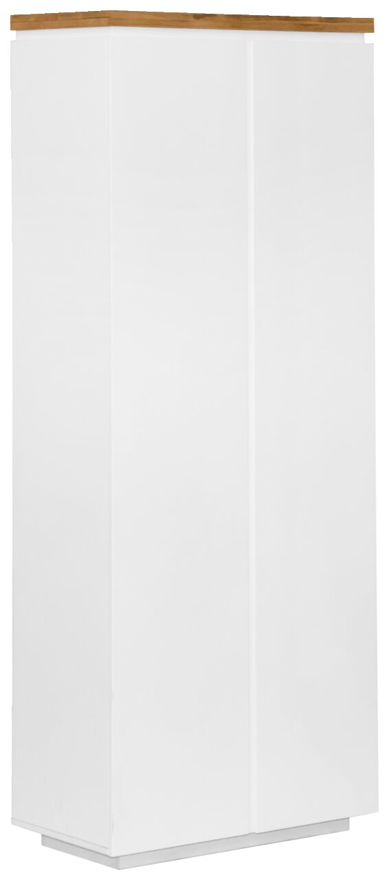 Weißer Garderobenschrank mit Holzoberfläche, seitliche Perspektive