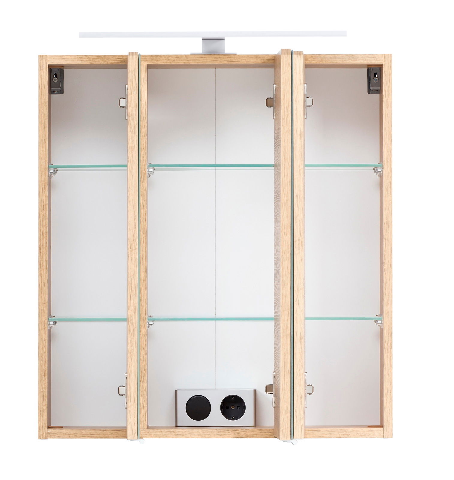 Spiegelschrank mit drei Türen, Glasregalen und integrierter Steckdose, Frontalansicht