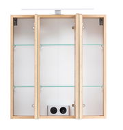 Spiegelschrank mit drei Türen, Glasregalen und integrierter Steckdose, Frontalansicht