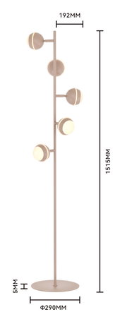 Vooraanzicht van een moderne beige vloerlamp met vijf ronde, warmwit verlichte lampkoppen, 1515 mm hoog en voorzien van een ronde voet met een diameter van 290 mm