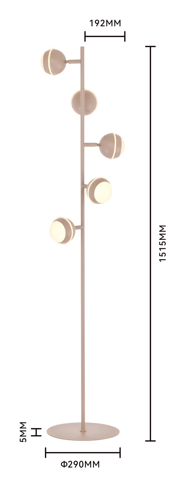 Vooraanzicht van een moderne beige vloerlamp met vijf ronde, warmwit verlichte lampkoppen, 1515 mm hoog en voorzien van een ronde voet met een diameter van 290 mm