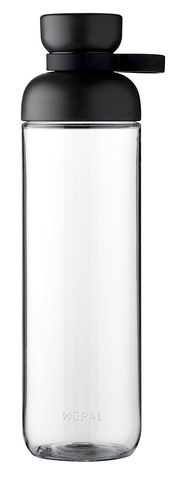 Trinkflasche Nordic Black mit schwarzem Deckel und Trageschlaufe, frontal abgebildet