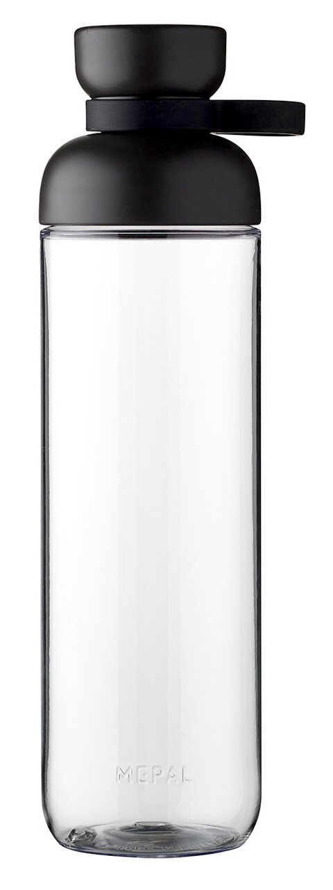 Trinkflasche Nordic Black mit schwarzem Deckel und Trageschlaufe, frontal abgebildet