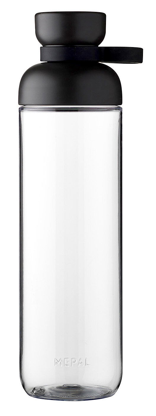 Trinkflasche Nordic Black mit schwarzem Deckel und Trageschlaufe, frontal abgebildet