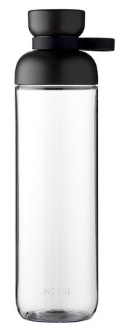 Trinkflasche Nordic Black mit schwarzem Deckel und Trageschlaufe, frontal abgebildet