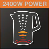 Illustration eines Wasserkochers mit 2400W Leistung, seitliche Ansicht.