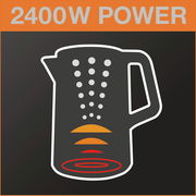 Illustration eines Wasserkochers mit 2400W Leistung, seitliche Ansicht.
