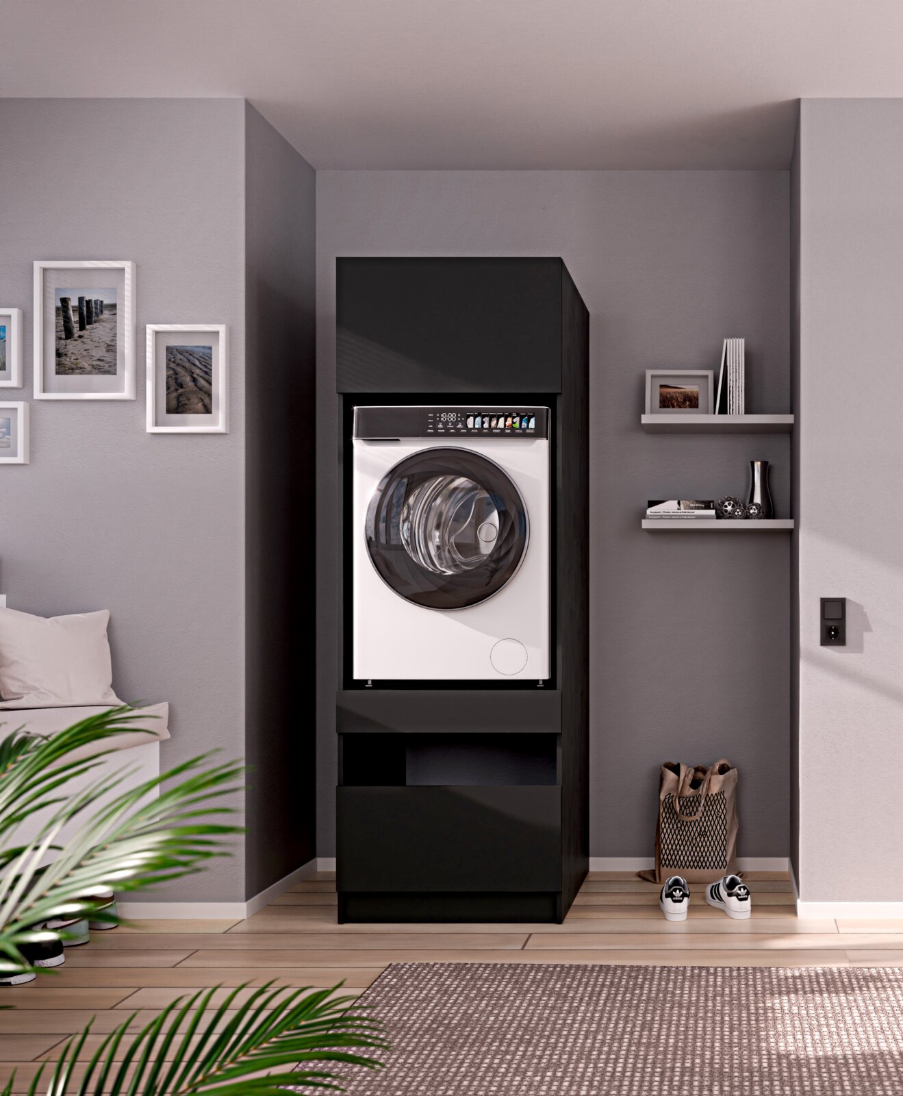 Vooraanzicht: moderne witte voorladerwasmachine met groot rond raam in een zwarte inbouwkast in een stijlvolle woonkamer met planken en schilderijen aan de muur.