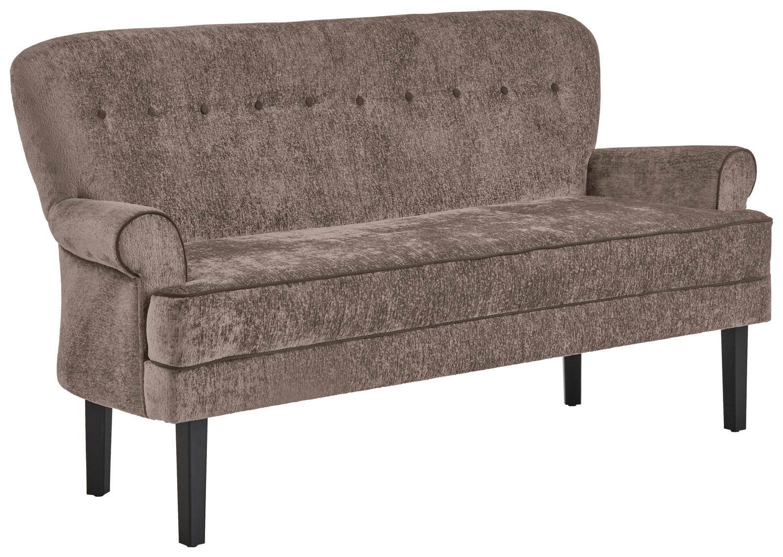 Braune Sitzbank mit gepolsterter Rückenlehne und Armlehnen, seitliche Perspektive