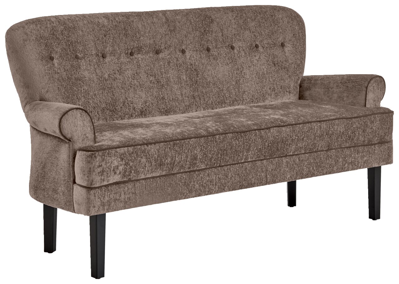 Braune Sitzbank mit gepolsterter Rückenlehne und Armlehnen, seitliche Perspektive