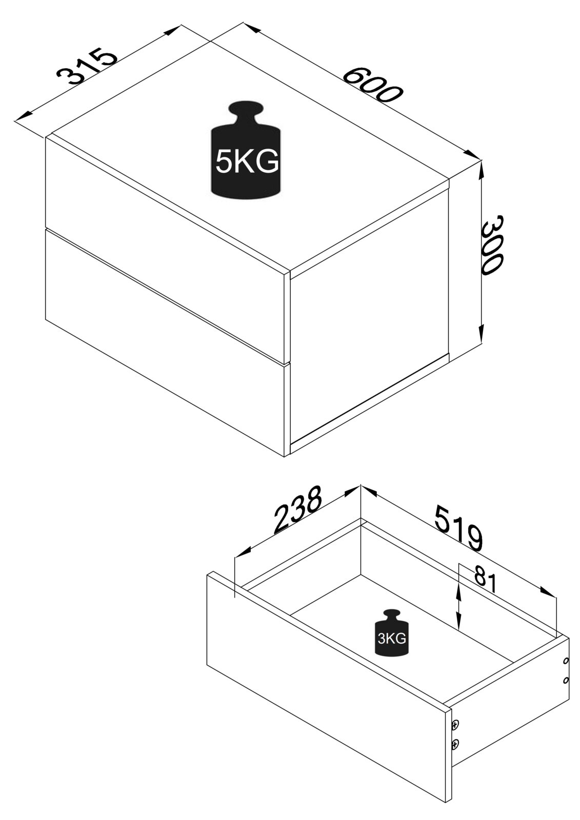 Technische isometrische Ansicht einer rechteckigen Schubladenbox mit Maßangaben (ca. 600 × 315 × 300 mm) und Belastungsangabe 5 kg; darunter isometrische Detailansicht einer Schublade mit Innenmaßen (ca. 519 × 238 × 81 mm) und 3-kg-Angabe.