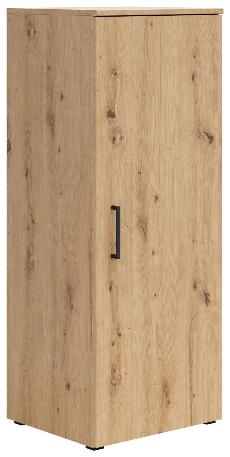 Holzkommode mit einer Tür und schwarzem Griff, seitliche Perspektive
