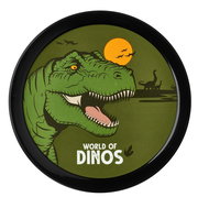 Runde Brotdose mit Dinosaurier-Motiv, zeigt einen grünen T-Rex vor einem Sonnenuntergang, Perspektive von oben.