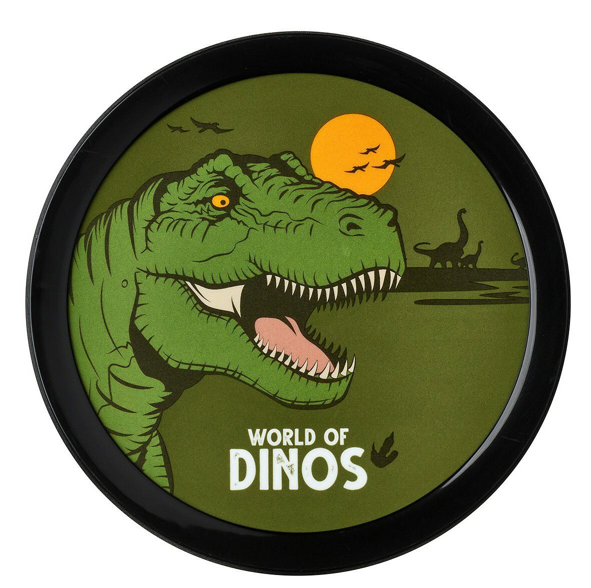 Runde Brotdose mit Dinosaurier-Motiv, zeigt einen grünen T-Rex vor einem Sonnenuntergang, Perspektive von oben.