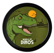Ronde broodtrommel met dinosaurusmotief, met een groene T-Rex tegen een zonsondergang, gezien van bovenaf.