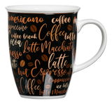 Kaffeebecher Aromatico 320ml in Braun mit Schriftzügen wie 'Coffee', 'Latte' und 'Espresso', seitliche Perspektive