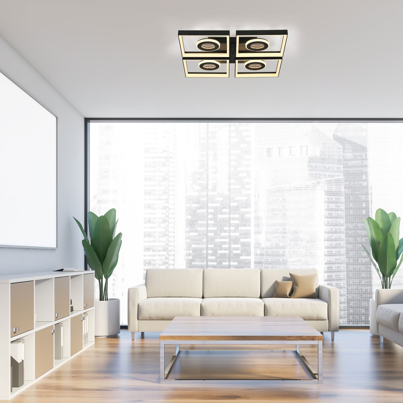 Moderne LED-Deckenleuchte TRAFORO von Paul Neuhaus in einem stilvollen Wohnzimmer, aus der Perspektive von unten betrachtet.