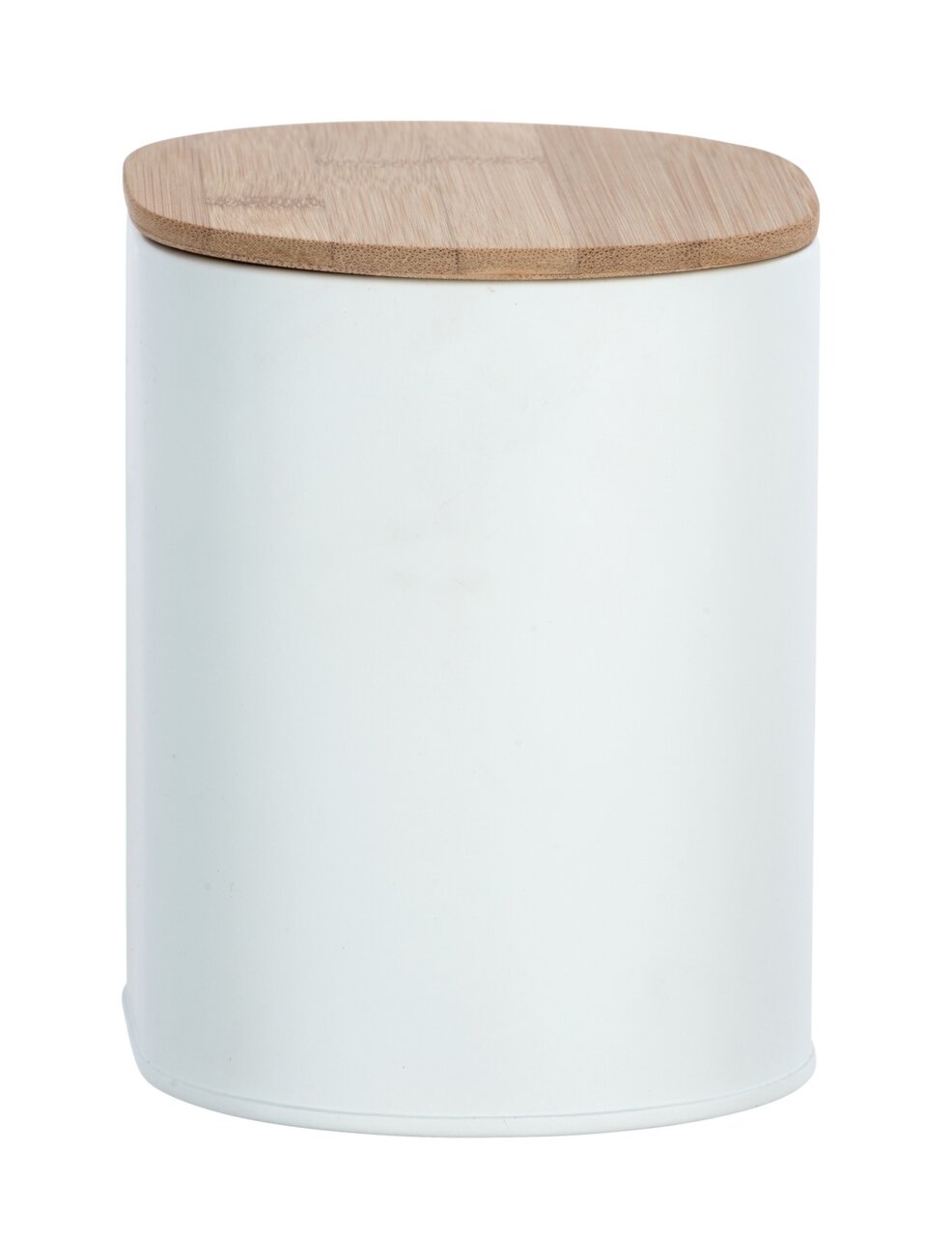 Weiße Badbox Gara mit Holzdeckel, zylindrische Form, seitliche Perspektive