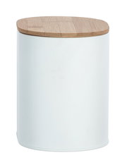 Weiße Badbox Gara mit Holzdeckel, zylindrische Form, seitliche Perspektive