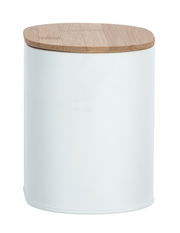 Weiße Badbox Gara mit Holzdeckel, zylindrische Form, seitliche Perspektive