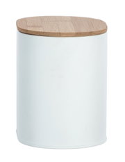 Weiße Badbox Gara mit Holzdeckel, zylindrische Form, seitliche Perspektive
