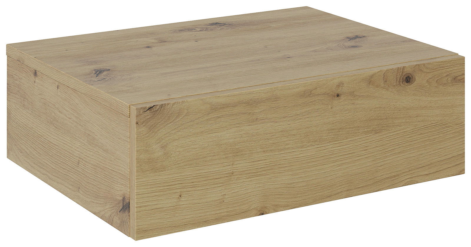 Holzfarbene Hängekonsole oder Nachtkonsole in Eichenoptik, perspektivisch von schräg oben fotografiert