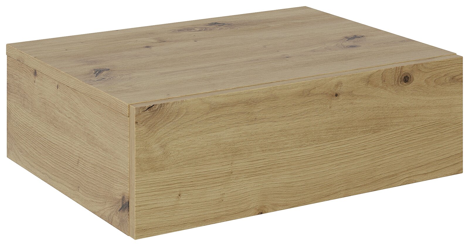 Holzfarbene Hängekonsole oder Nachtkonsole in Eichenoptik, perspektivisch von schräg oben fotografiert