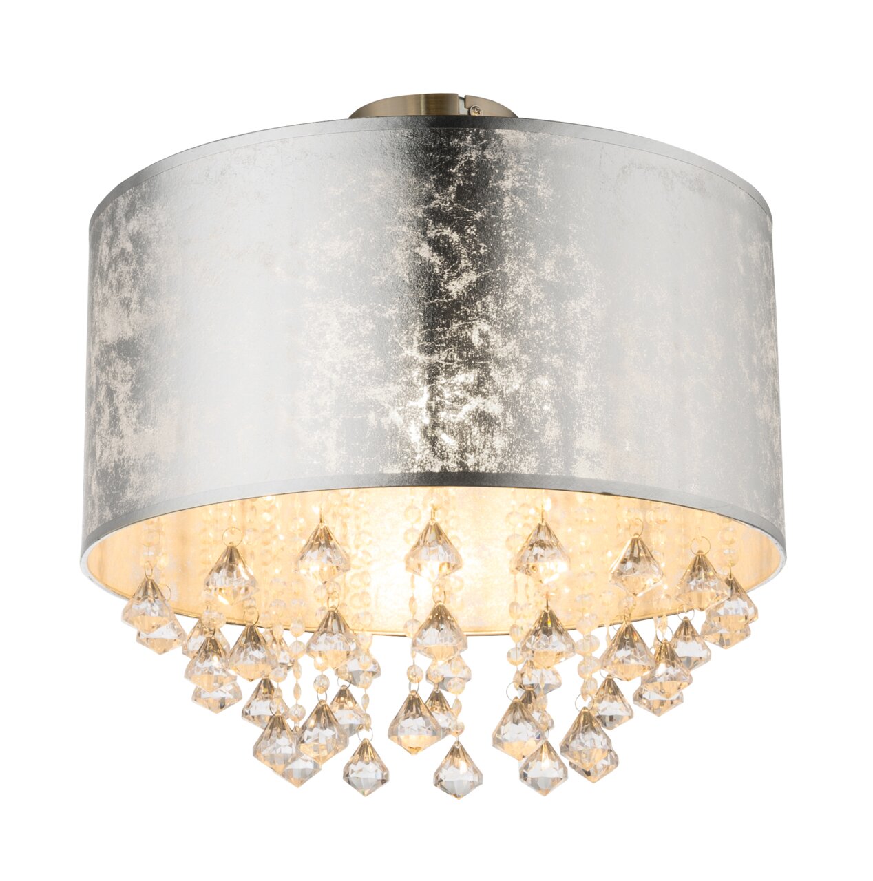 Elegante Deckenleuchte mit silbernem Schirm und hängenden Kristallen, seitliche Perspektive