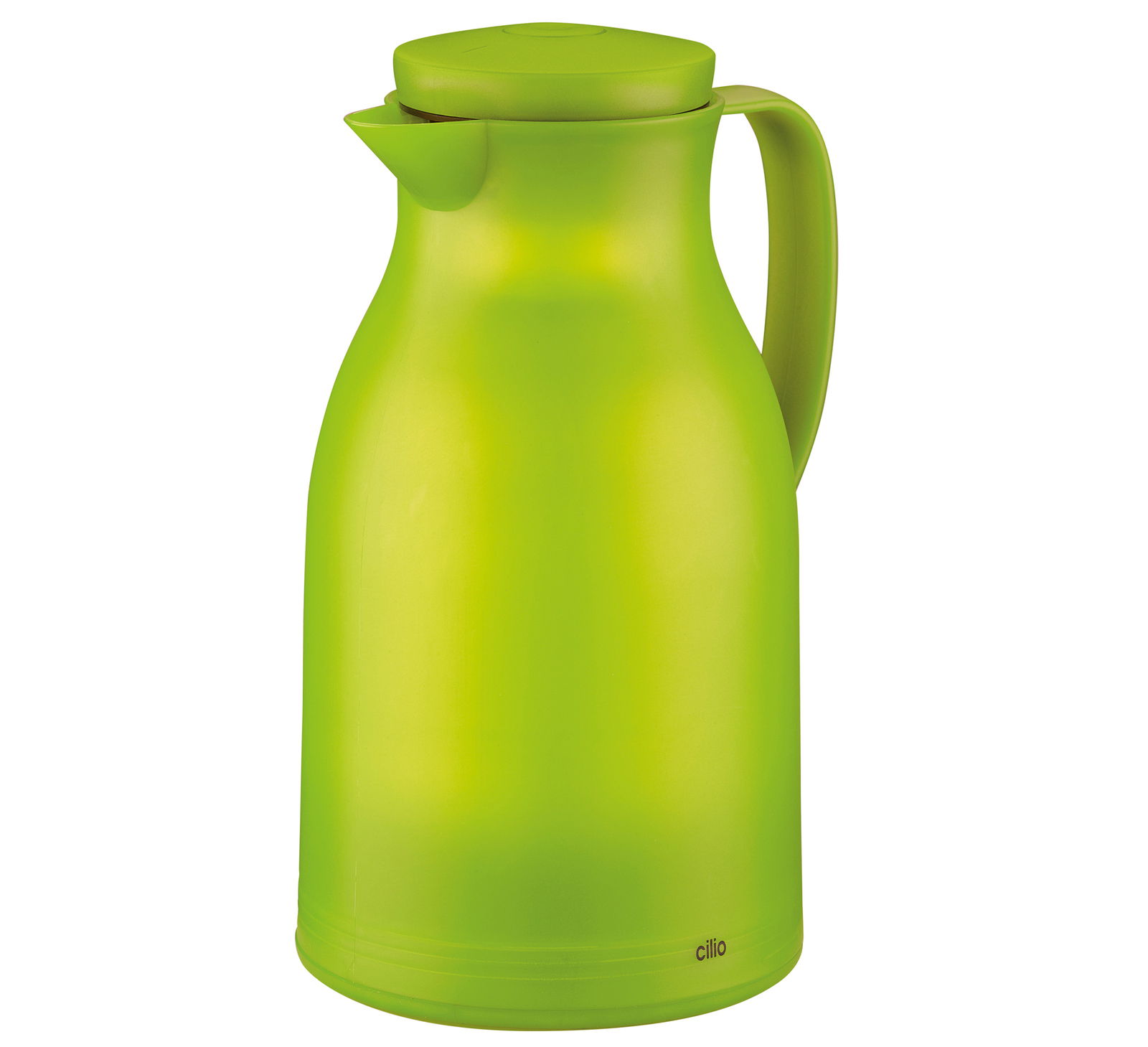 Grüne Isolierkanne mit Griff und Ausguss, seitliche Perspektive