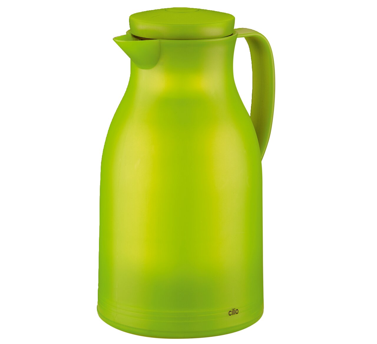 Grüne Isolierkanne mit Griff und Ausguss, seitliche Perspektive